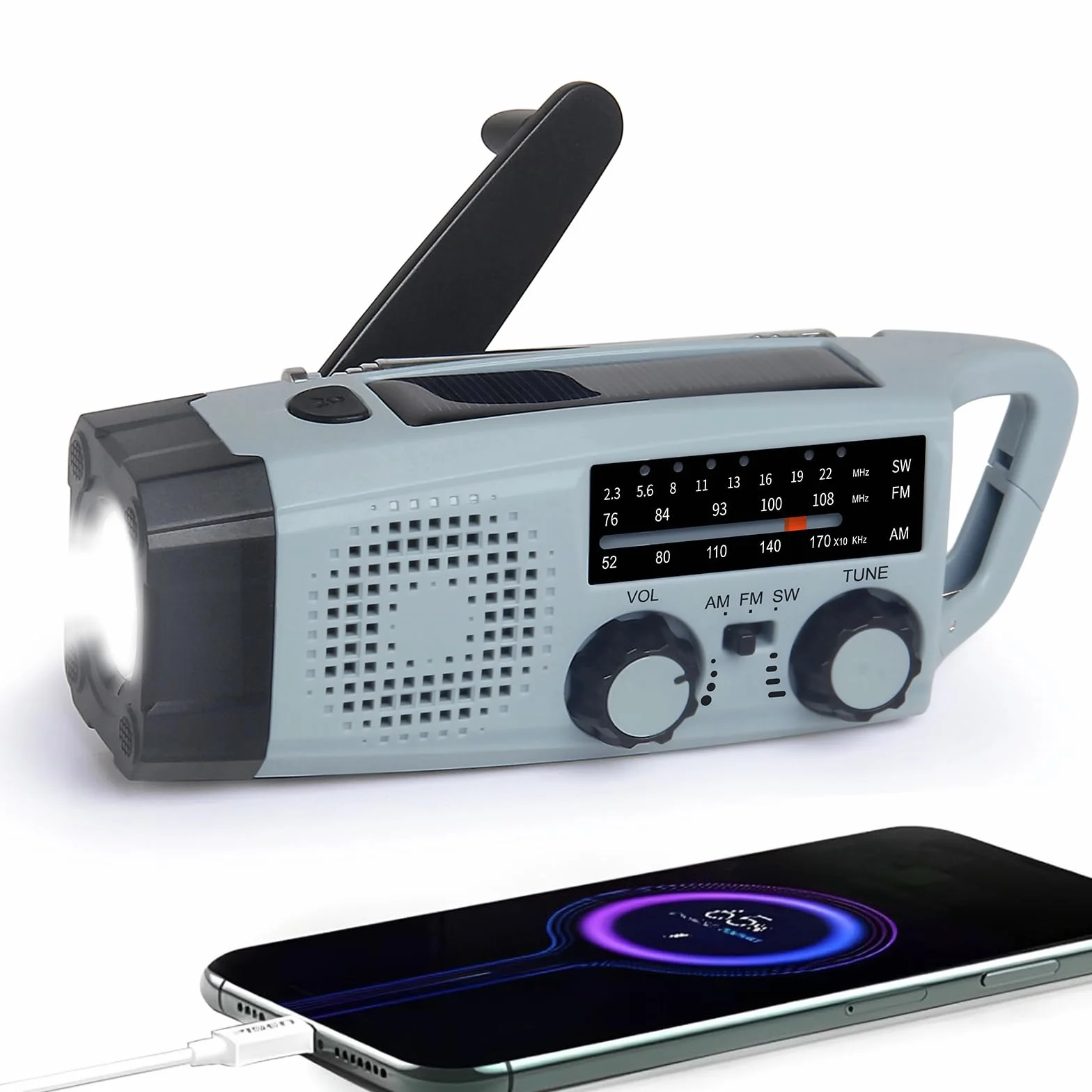 Radio de Emergencia Portátil, FM/Am Emergency Radio con Solar Recargable y Dinamo con Manivela con Linterna LED 2000mAh Powerbank SOS Alarma USB para Camping al Aire Libre