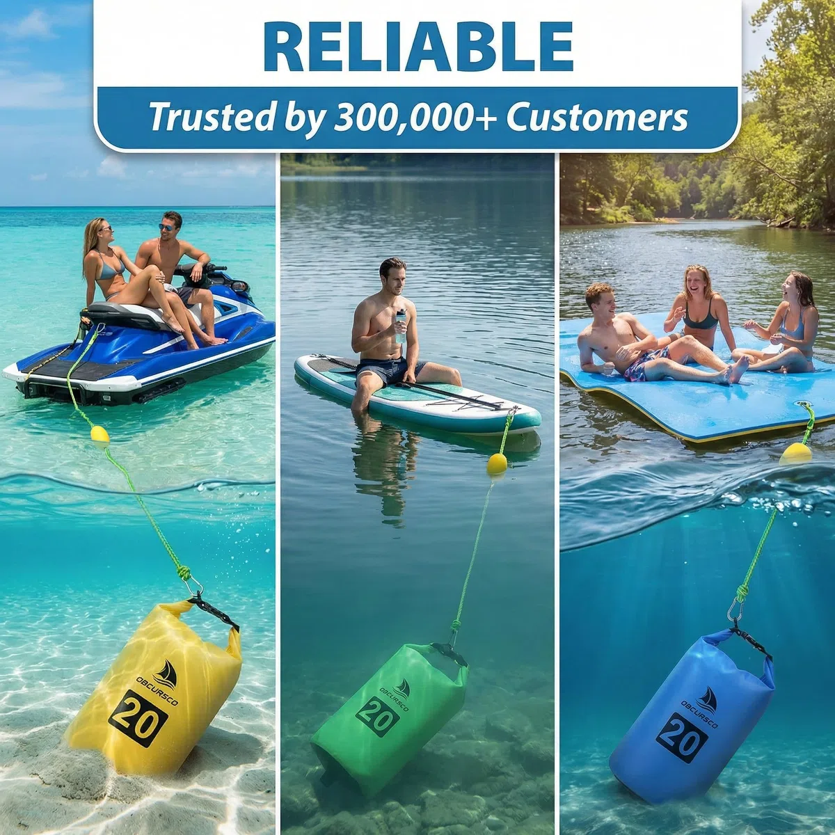 Obcursco - Kit de Anclaje para Moto acuática de 20 L, Anclaje PWC 2 en 1 para Bolsa de Arena para Flotador con boya Ajustable, Anclaje de Saco de Arena PWC para Jetski, Kayak, Seadoo, Tabla de Remo