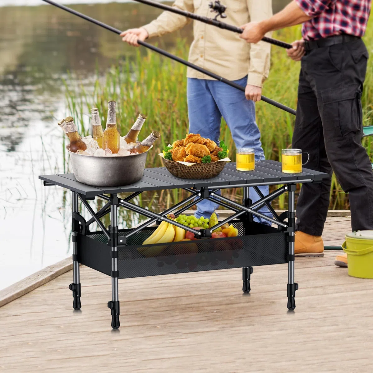 Anbte Mesa Plegable Camping 82 * 40 * 44/70cm, Altura Ajustable Mesa Portátil Aluminio con Red de Almacenamiento,Soporta 45 kg, Estructura en X para Caomping,Jardín, Playa,Barbacoa-Gris