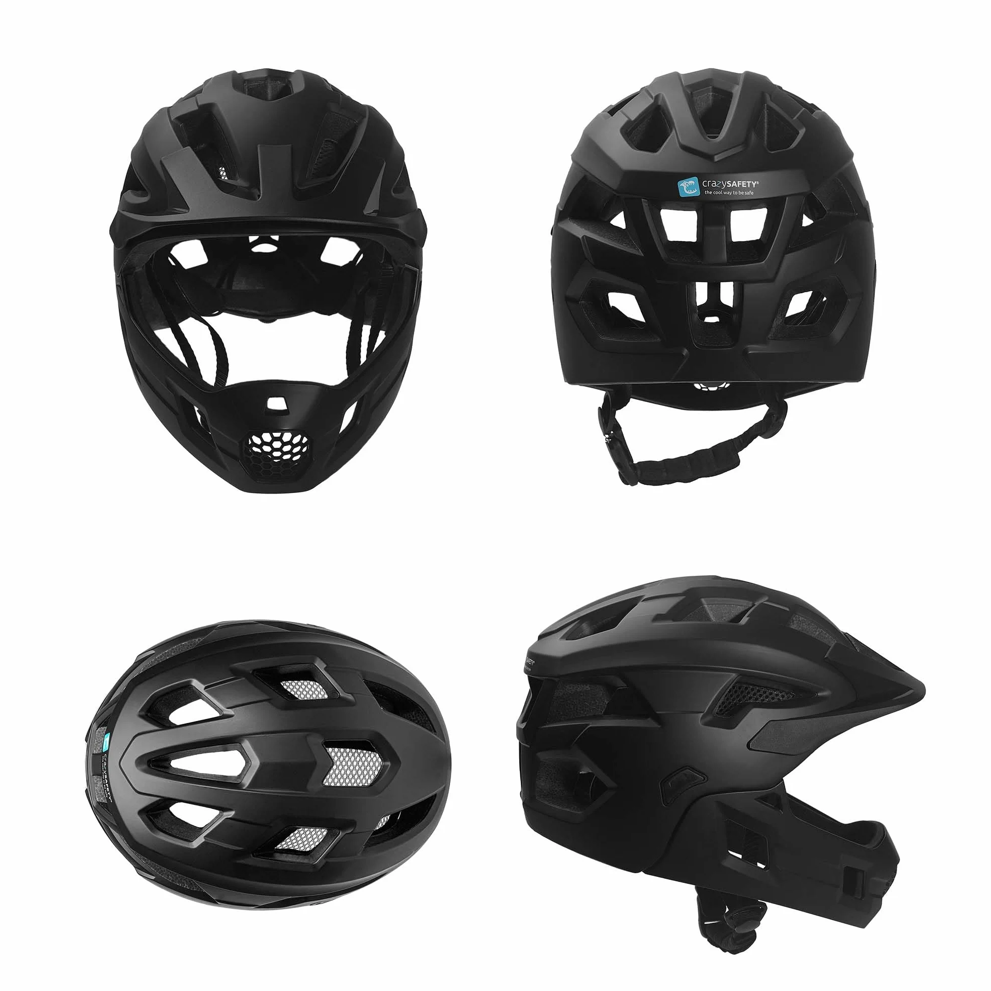 Crazy Safety Casco Bici Integral - Negro | para Bicicleta de montaña, BMX, monopatín | Casco Infantil 2 en 1 con mentonera Desmontable | Casco de Motocross Talla M 54-57 cm | Ligero y ventilado