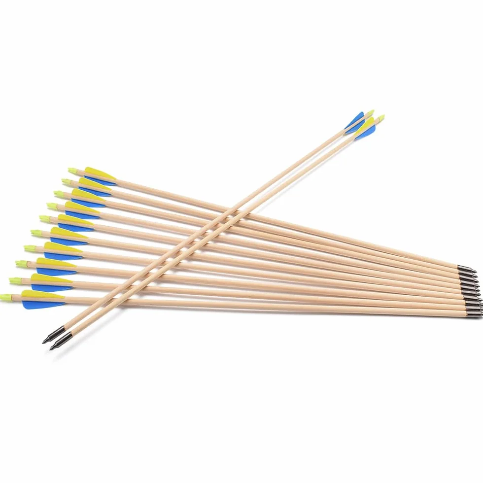 Juego de 12 flechas de madera, 28, 30 y 32 pulgadas, arco recurvo, arco deportivo