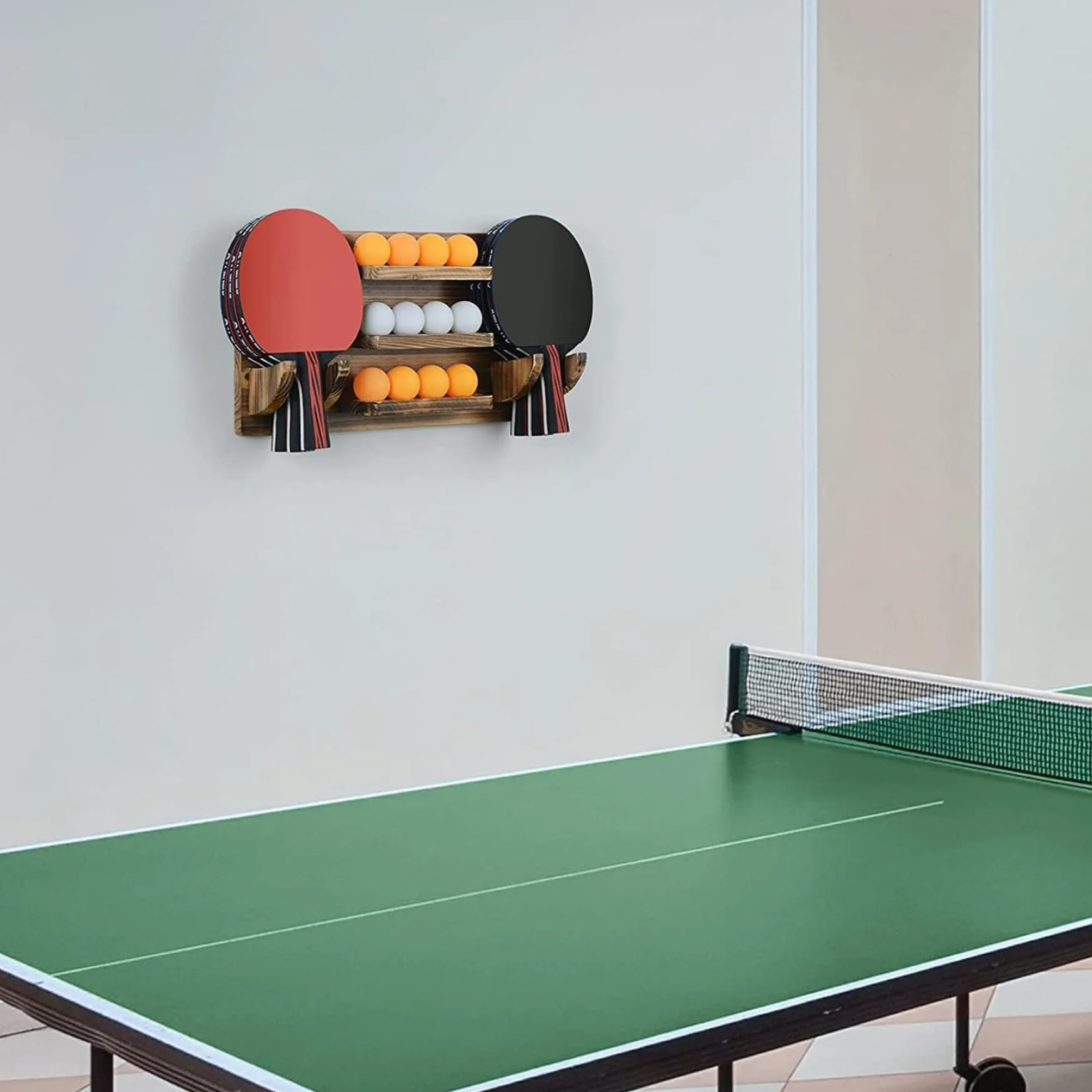 Soporte para paletas de ping-pong, estante de tenis de mesa montado en la pared, capacidad para 6 paletas y 12 pelotas, madera