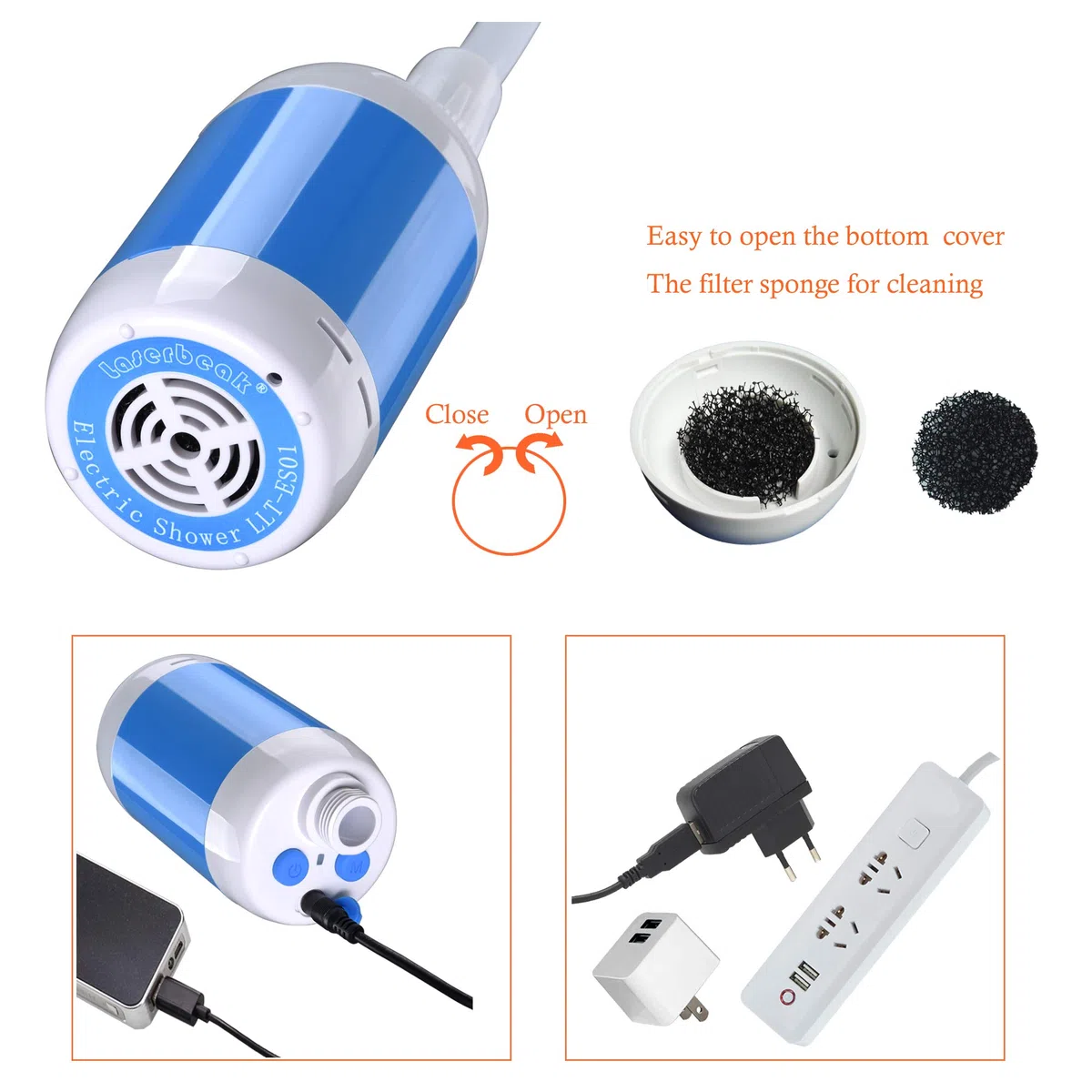 Laserbeak Ducha de Camping Exterior Ducha de Mano Ducha eléctrica, Ajuste de Agua, batería de 4800 mAh, Control de Flujo de Apagado y válvula (Azul)