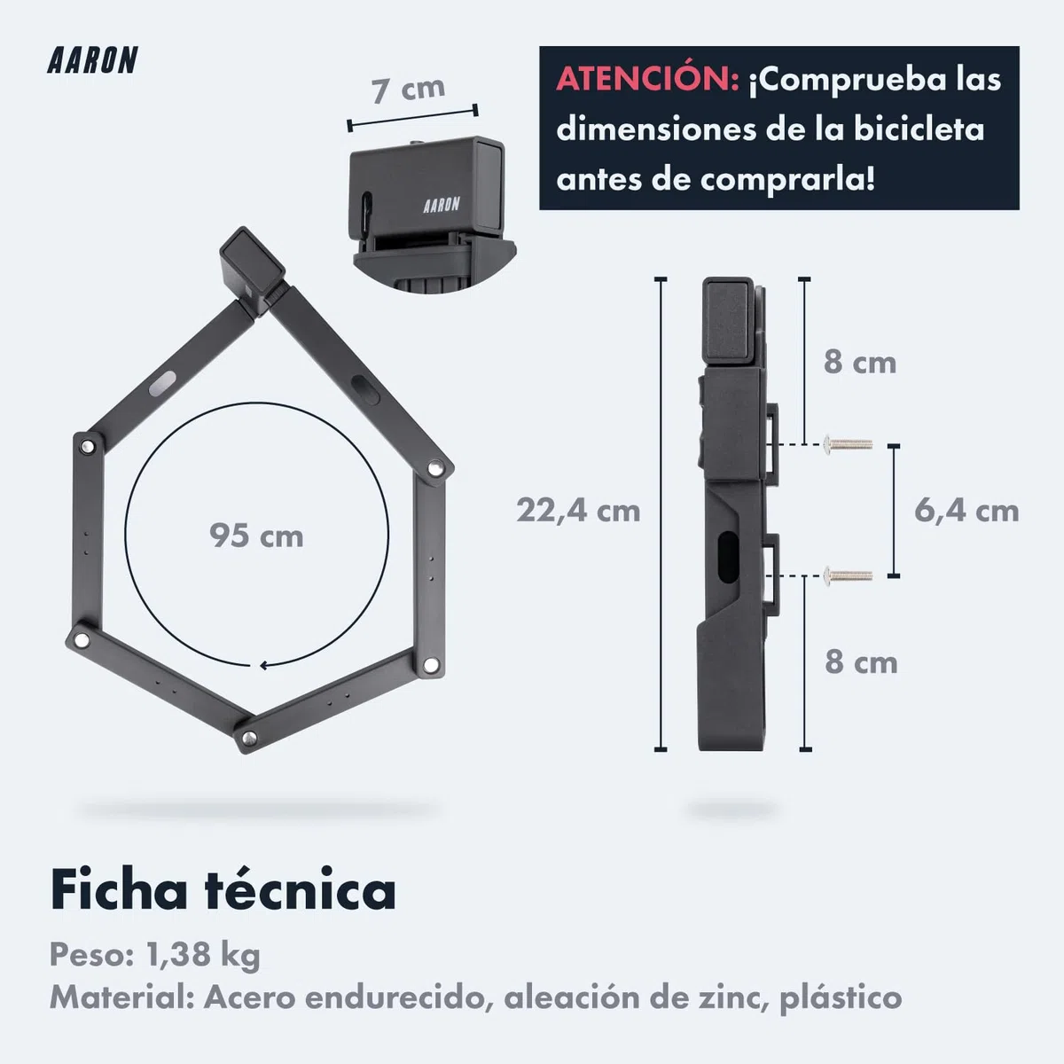Candado AARON Shield para bicicleta - candado plegable seguro Nivel 14, candado de alta seguridad patentado con soporte - candado para bicicleta ligero con llave para E-Bike, bicicleta de carreras