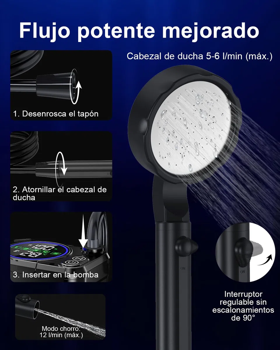 Ducha Camping Portatil, [13000mAh Batería][Pantalla Led] Spopal Ducha Electrica Recargable, 240 Minutos de Autonomía, IPX8 Impermeable, 5 Velocidades, Para Viajes Aire Libre, Acampar, Limpiar Mascotas
