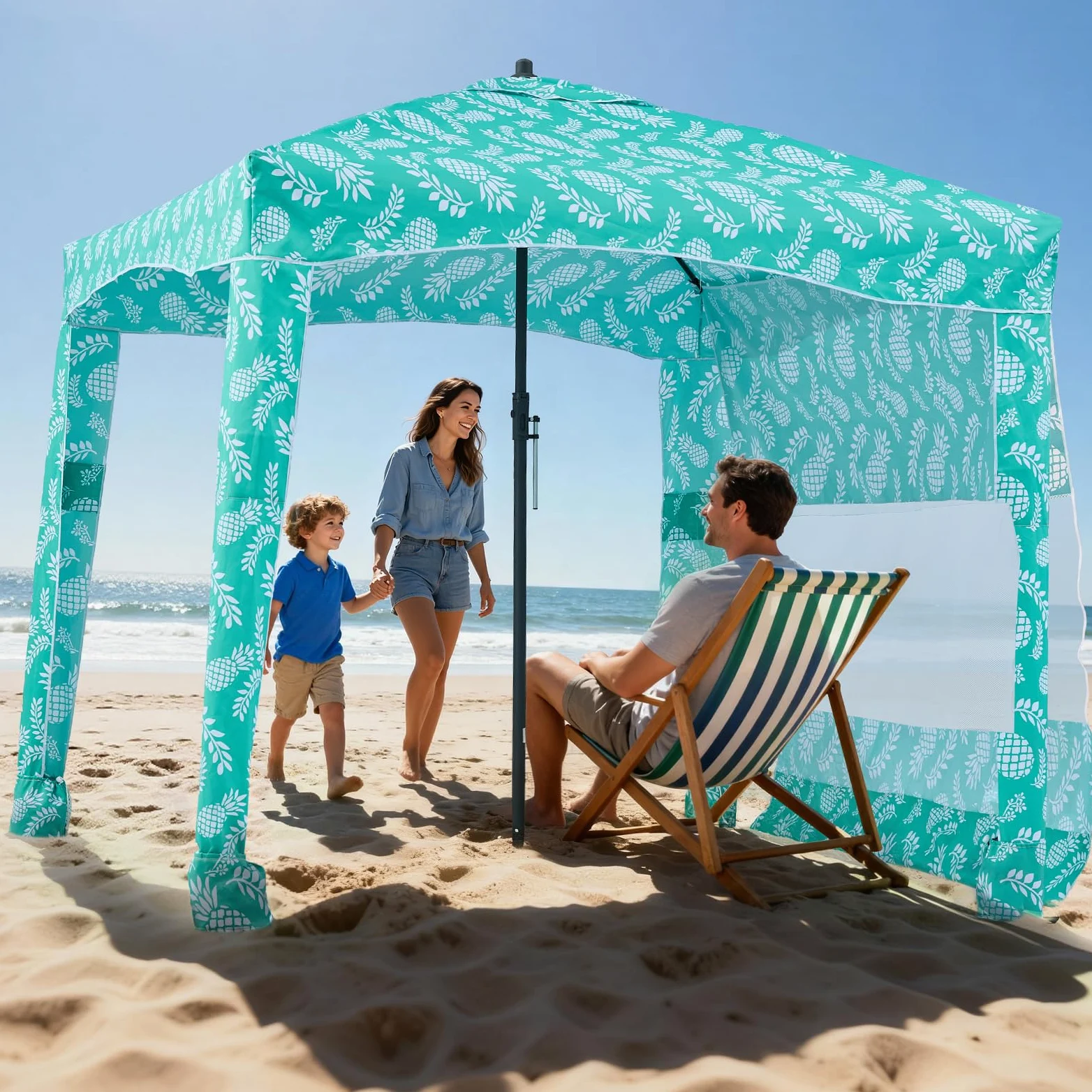 VEVOR Cabaña de Playa con Toldo Lateral, Ligero y Portátil, Protección Solar UPF 50+, Sacos de Arena y Sombrilla Portátil para Toda la Familia y Amigos, Rayas Verde Claro, 1830 x 1830 x 2290 mm