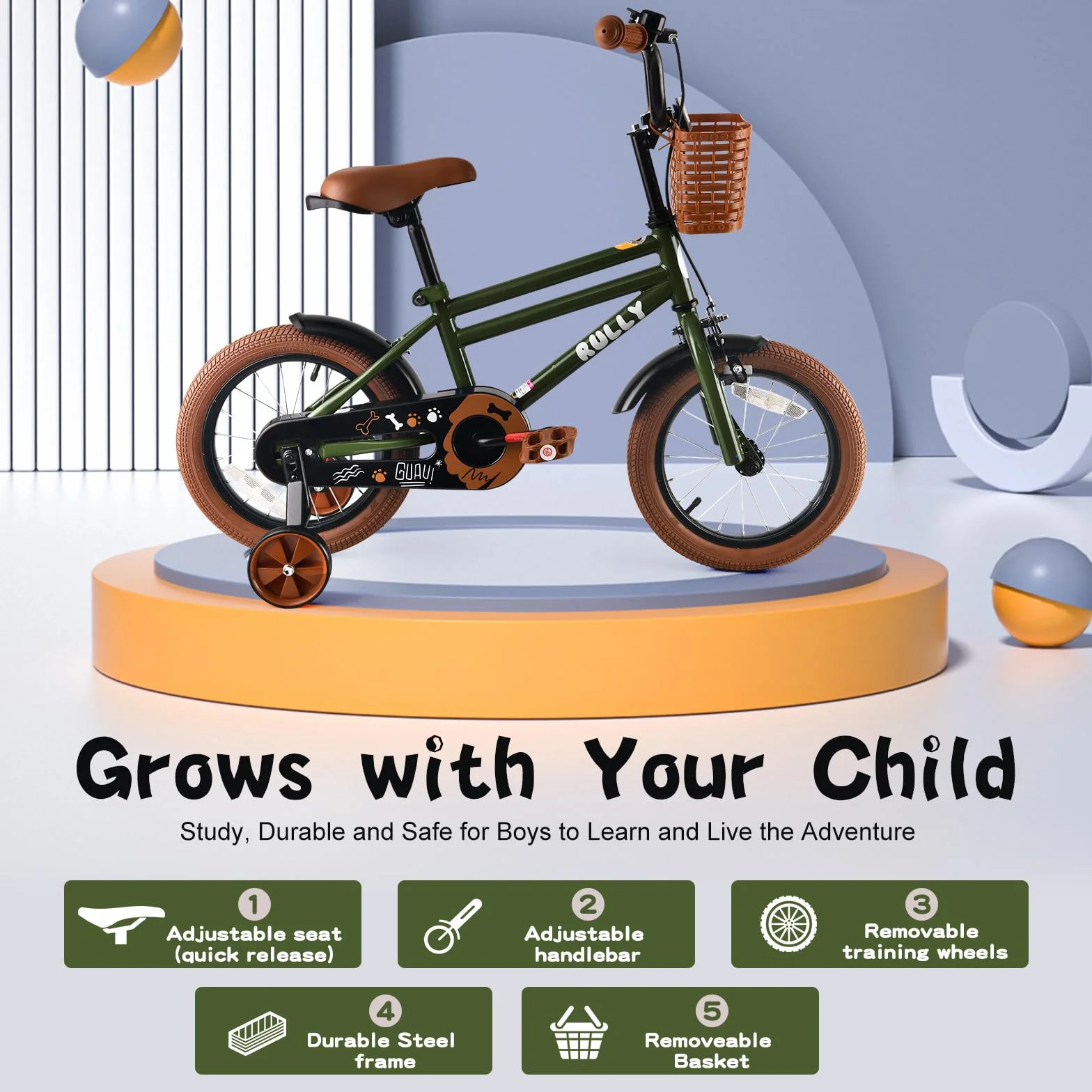 RULLY Bicicleta infantil de 16 pulgadas en color verde – Bicicleta infantil de 4 a 7 años con ruedas estabilizadoras, freno de contrapedal y freno de mano, cesta, cuadro resistente, bicicleta de