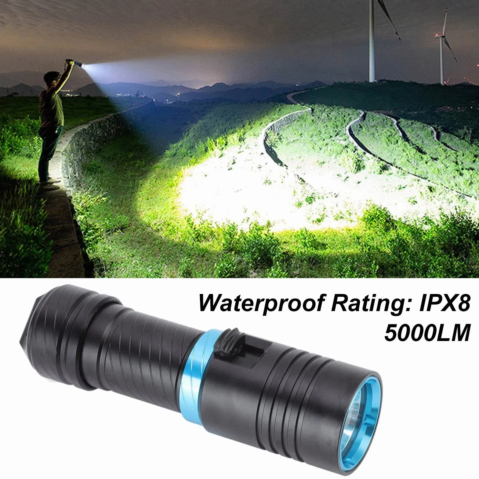 Luces de Buceo de 5000 Lúmenes, Linterna de Buceo, Linterna Subacuática Profesional 150 M IPX8 Antorcha de Buceo a Prueba de Agua Regulable L2 Cuentas LED Luces de Buceo para Buceo