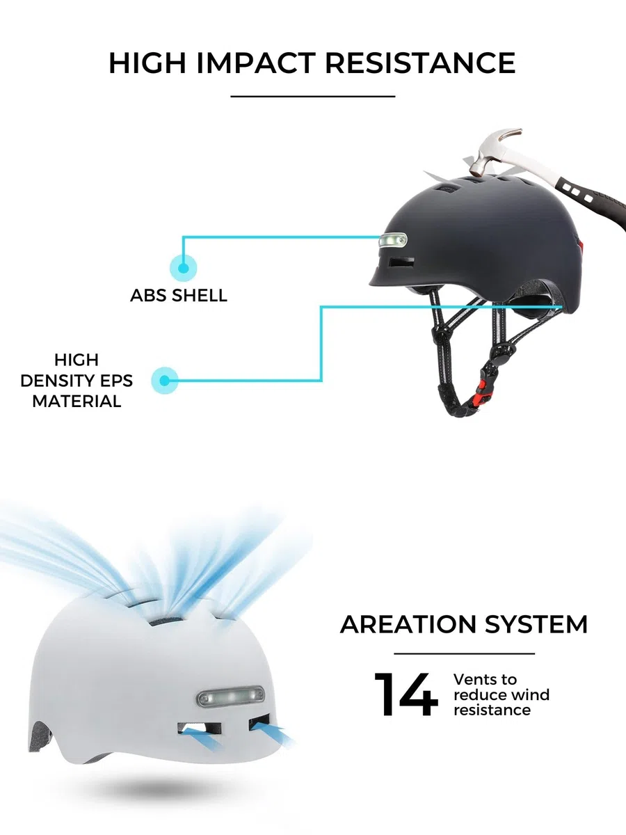 Casco de Ciclismo con Luz Advertencia Roja + Luz Frontal Blanca. Casco de MTB, Bicicleta, Patinete; Ligero con Forro Desmontable, Carcasa de PC + EPS, 14 Respiraderos y Cable USB Carga.