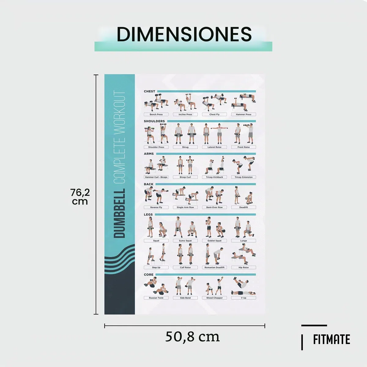 PosterMate Póster Ejercicio en Casa Pesas y Mancuernas Fitmate - Pack 8 Tablas Ejercicios Gimnasio con Pesos Libres, Kettlebell, Calistenia - Ejercicios Fitness en Casa Tabla de Rutinas (51 x 76 cm)
