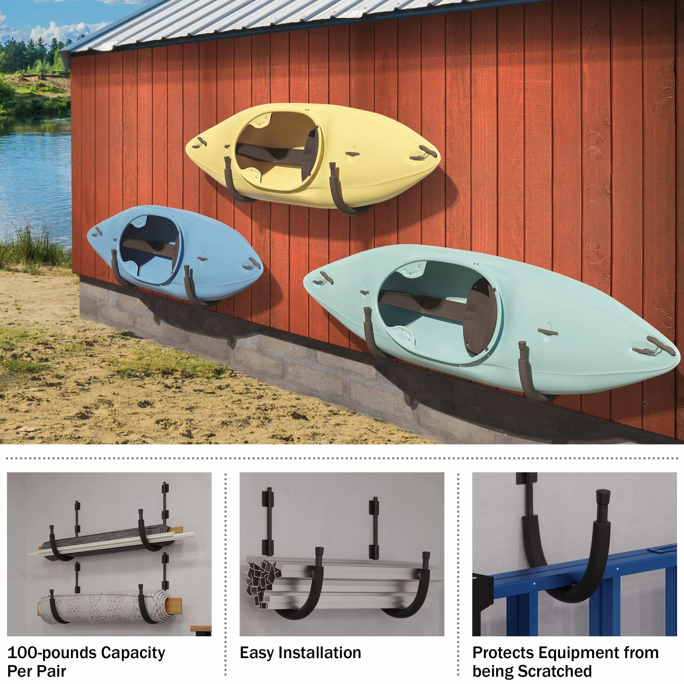 RAD Sportz Ganchos de pared para kayak, capacidad de 100 libras, almacenamiento para garaje o cobertizo, color negro
