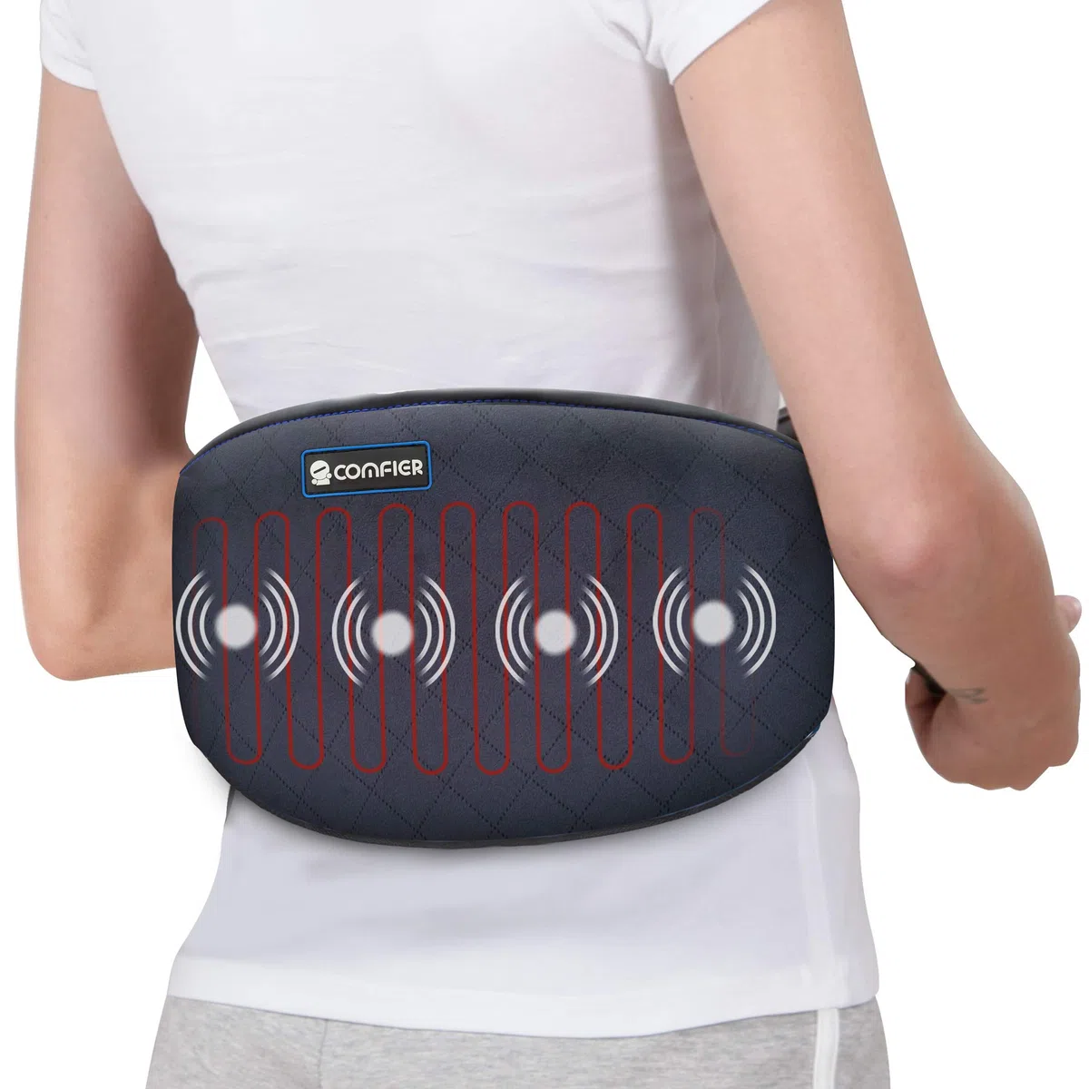 COMFIER Cinturón térmico con vibración para espalda, 147 x 22 cm, con 2 niveles de calor y 3 modos de masaje, almohadilla eléctrica con apagado automático