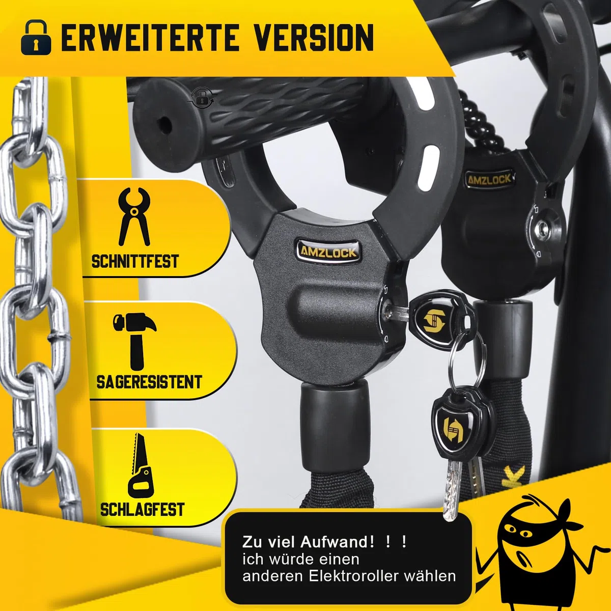 Candado Patinete Electrico, Antirrobo Bloqueo para Bicicleta, Candado Antirrobo con Cadena de 8mm de Grosor, Rotación Flexible con Llave y Bolsa Impermeable