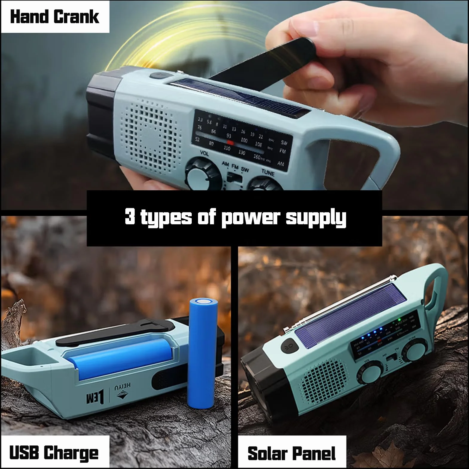 Radio de Emergencia Portátil, FM/Am Emergency Radio con Solar Recargable y Dinamo con Manivela con Linterna LED 2000mAh Powerbank SOS Alarma USB para Camping al Aire Libre