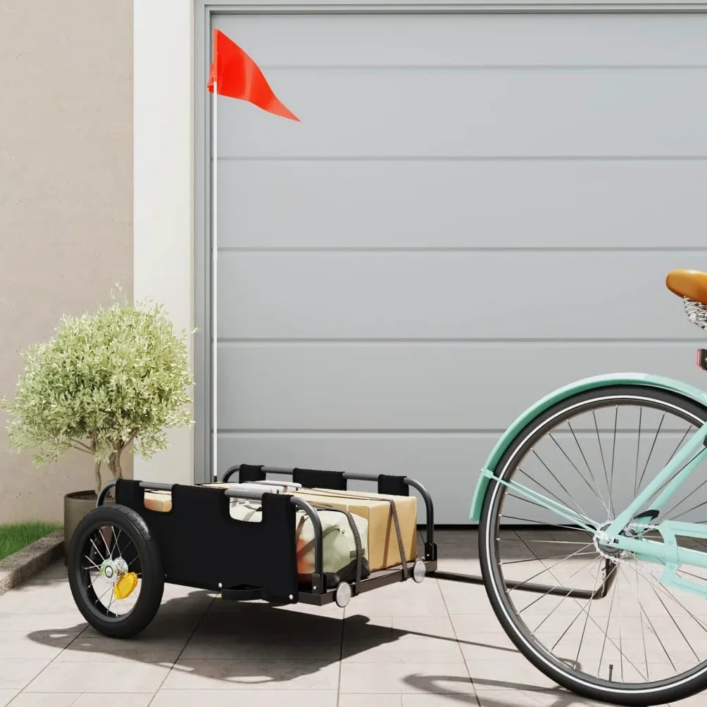 Remolque de bicicleta de tela Oxford negra y hierro con recubrimiento en polvo, 122 x 53 x 33 cm, plegable con reflector, acoplamiento y protección contra la lluvia para cargas, niños, perros