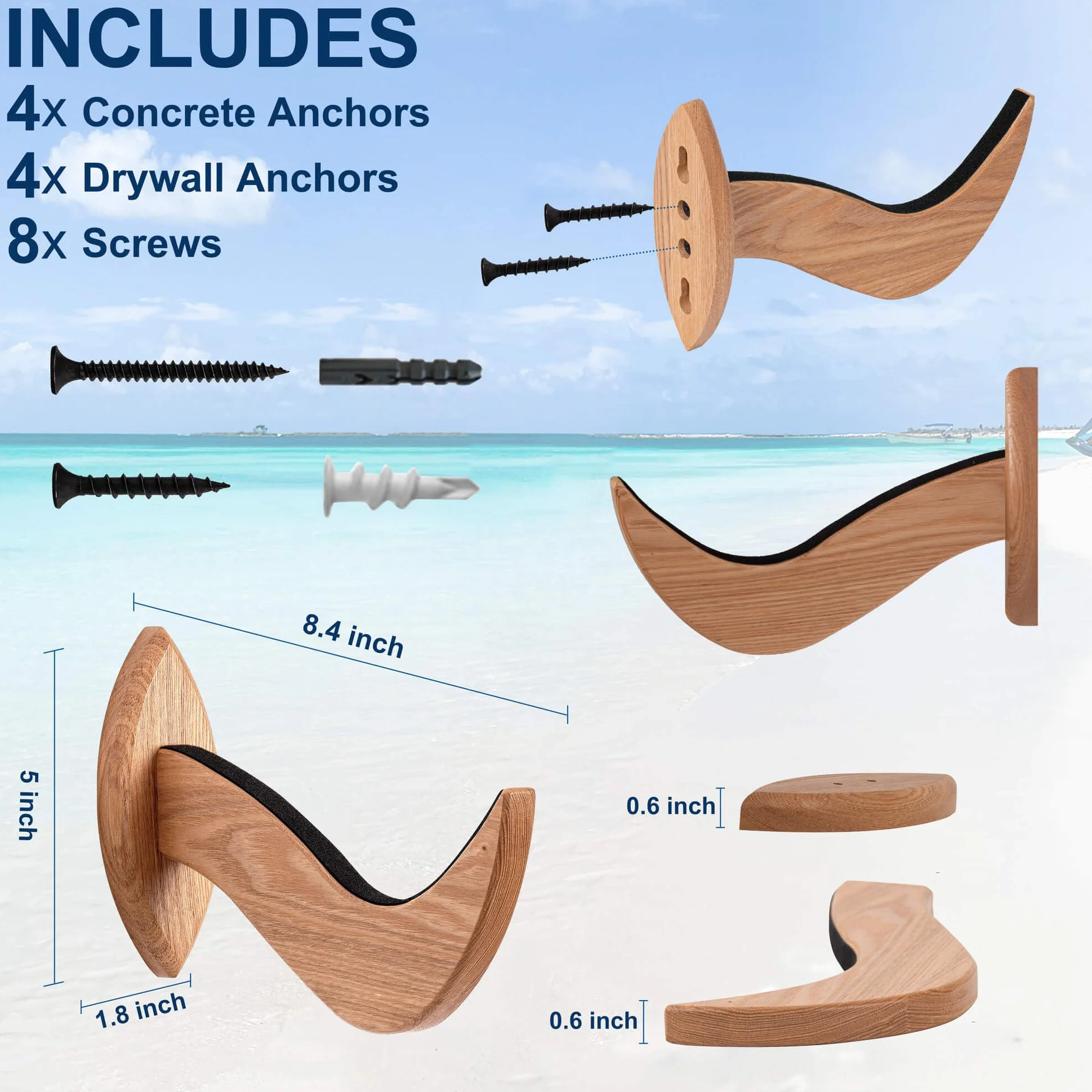 Soporte de Pared para Tabla de Surf, Colgador de Madera Sostenible, Estante para Mostrar Tabla (Transparente)