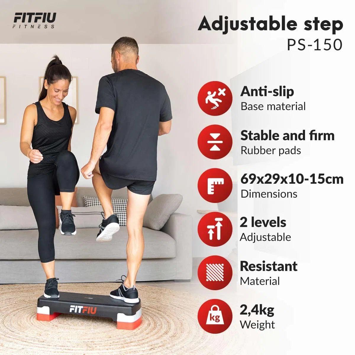 FITFIU Fitness PS-150 - Plataforma Step regulable en 2 alturas, base antideslizante, ejercicio cardio, aerobic y fitness en casa, peso máx. usuario 120kg