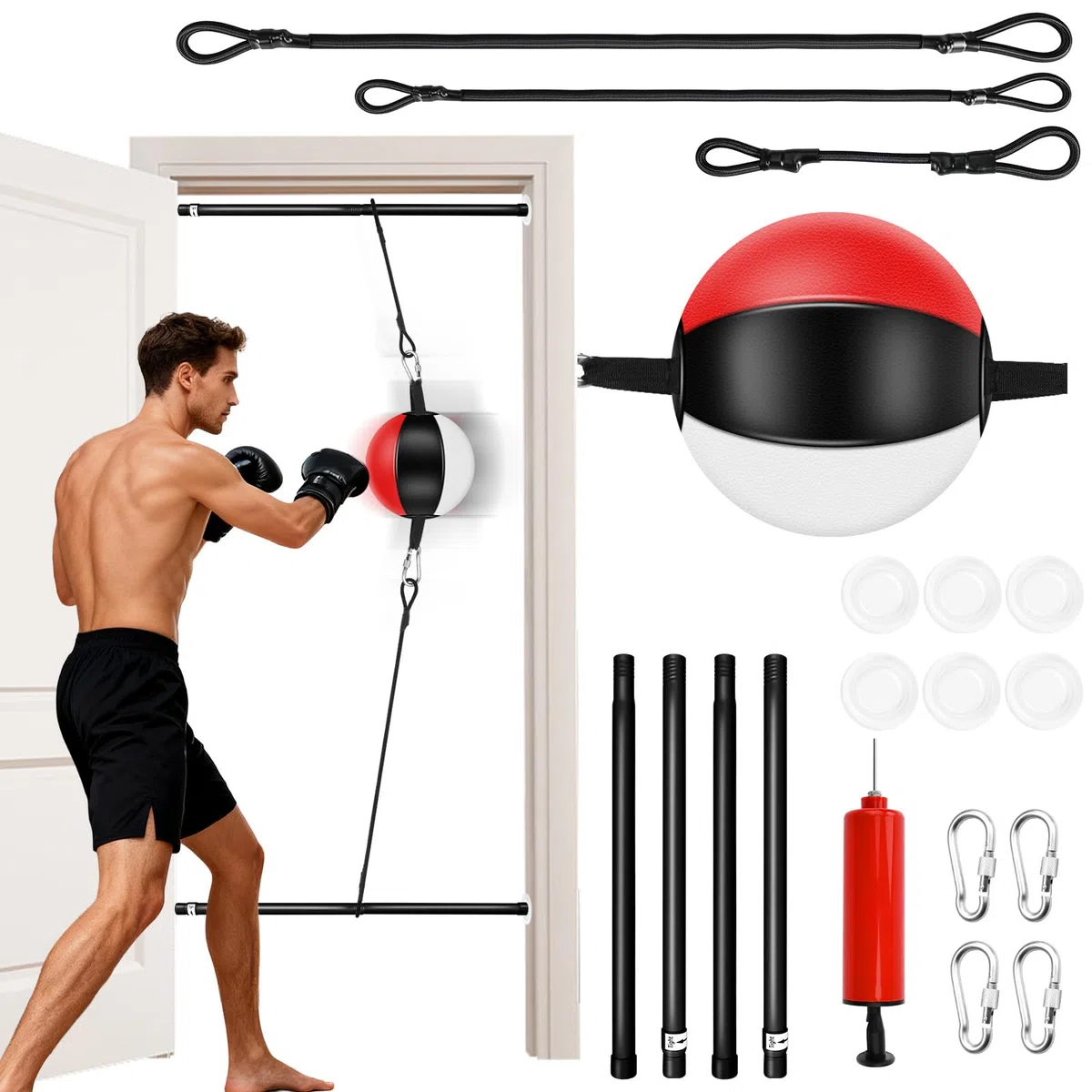 YORWHIN Saco de Boxeo de Doble Extremo para Puerta, sin Instalación en Pared, Set de Entrenamiento de Boxeo con Cuerdas Elásticas y Poste Extensible, Equipo de Entrenamiento en el Gimnasio en casa