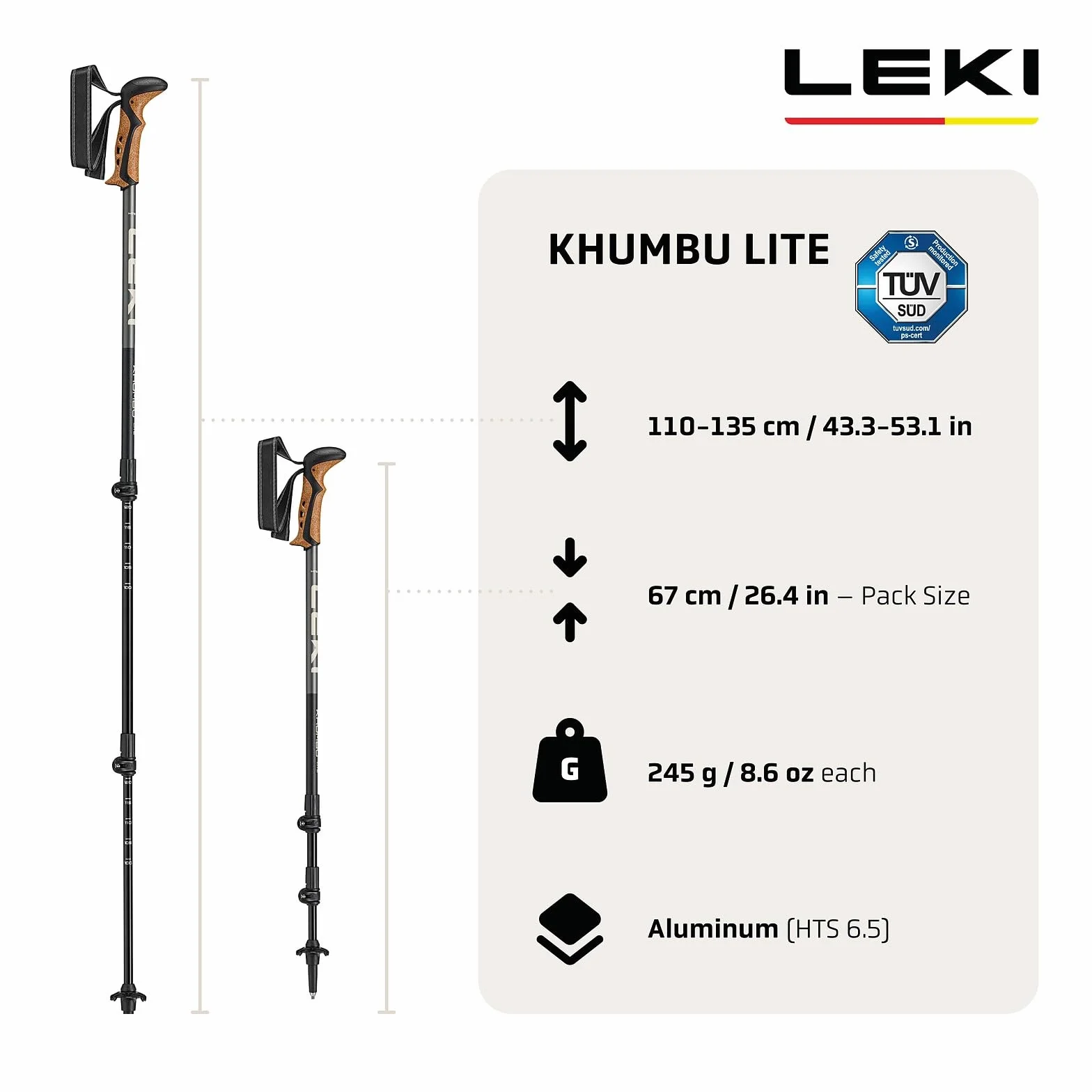 LEKI Khumbu Lite Bastones de Senderismo para Mujer y Hombre | Bastones de Trekking Ligeros y Ajustables de Aluminio con Disco de Trekking