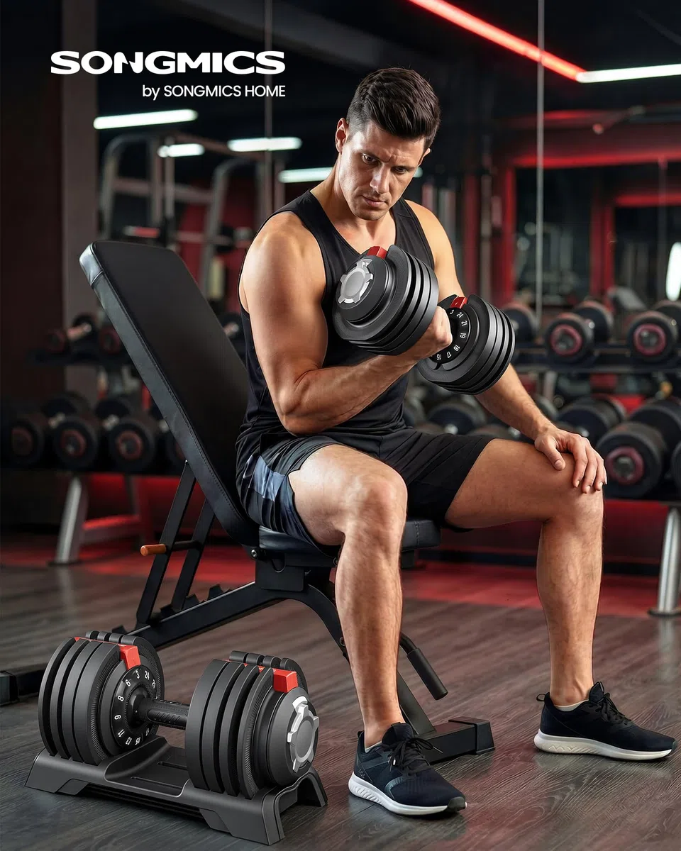 SONGMICS Juego de 2 Mancuernas Ajustables 12 en 1, Ahorran Espacio, Mango Antideslizante, Soporte Base, Entrenamiento de Fuerza y Fitness en Casa