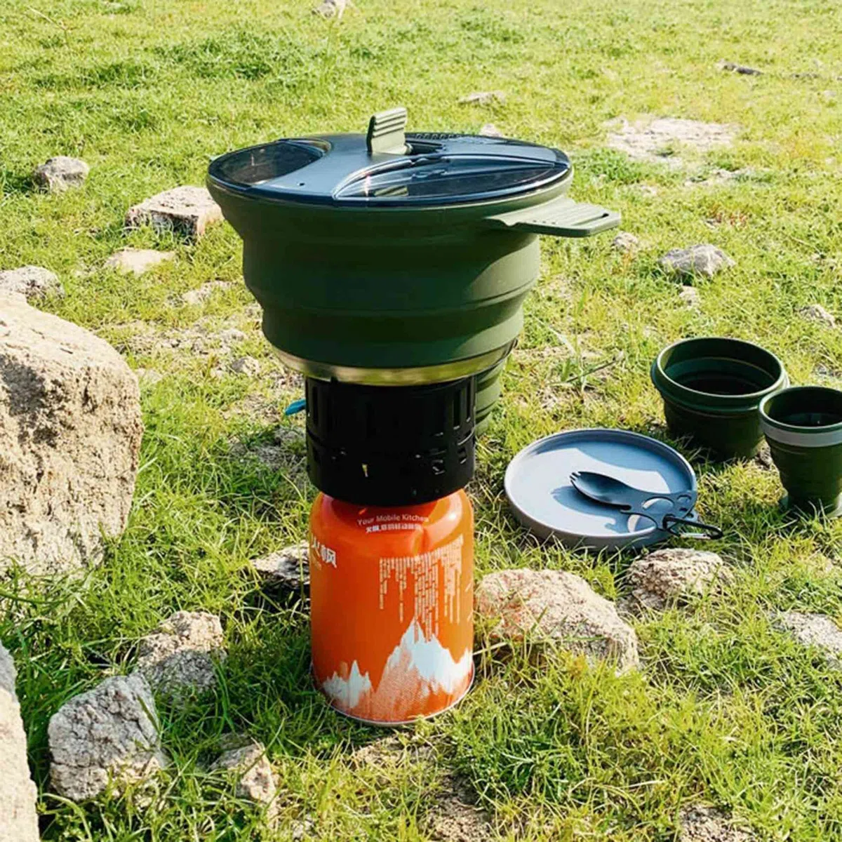 Olla Plegable para Exteriores Olla de Silicona para Senderismo Olla de Picnic PortáTil Olla de Camping de Acero Inoxidable,Verde