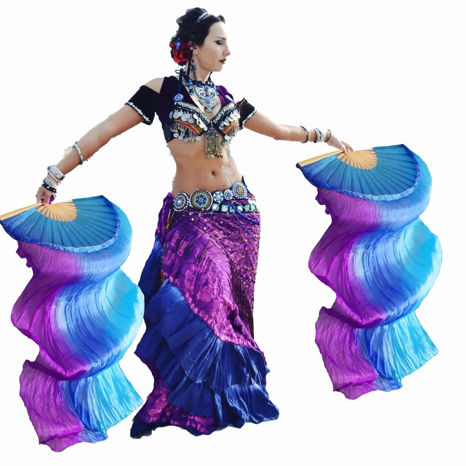 Abanicos de danza del vientre 1 par seda real 1,8 m hechas a mano