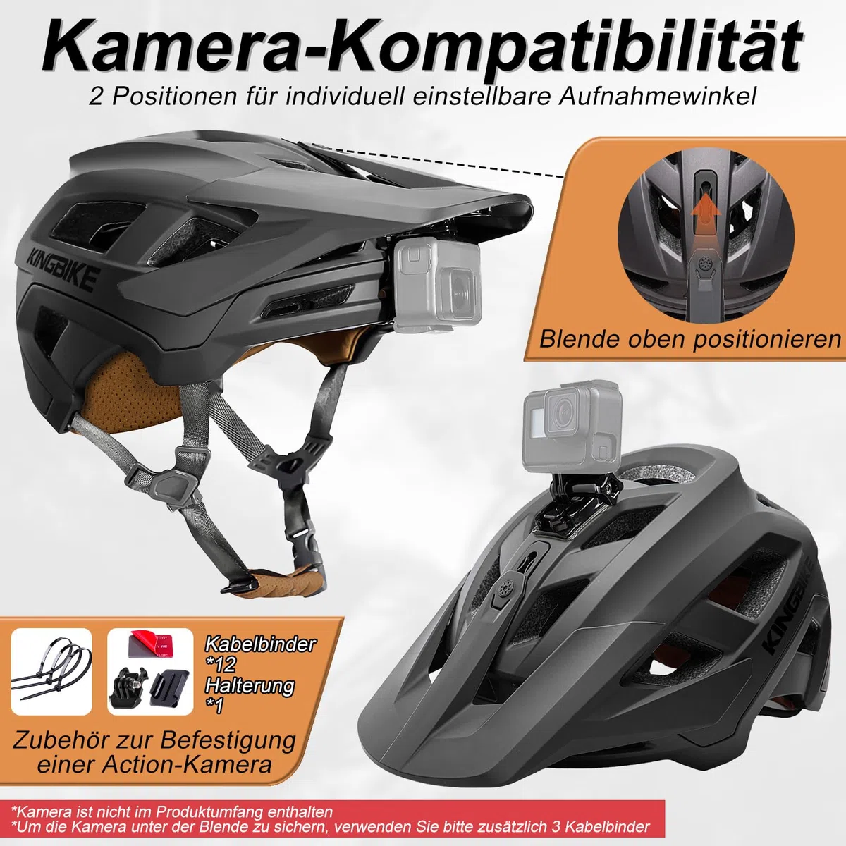 KINGBIKE Casco de bicicleta de montaña profesional E-MTB NTA-8776 Casco de seguridad para bicicleta eléctrica con visera ajustable de 3 niveles y soporte para cámara, casco de bicicleta MTB para