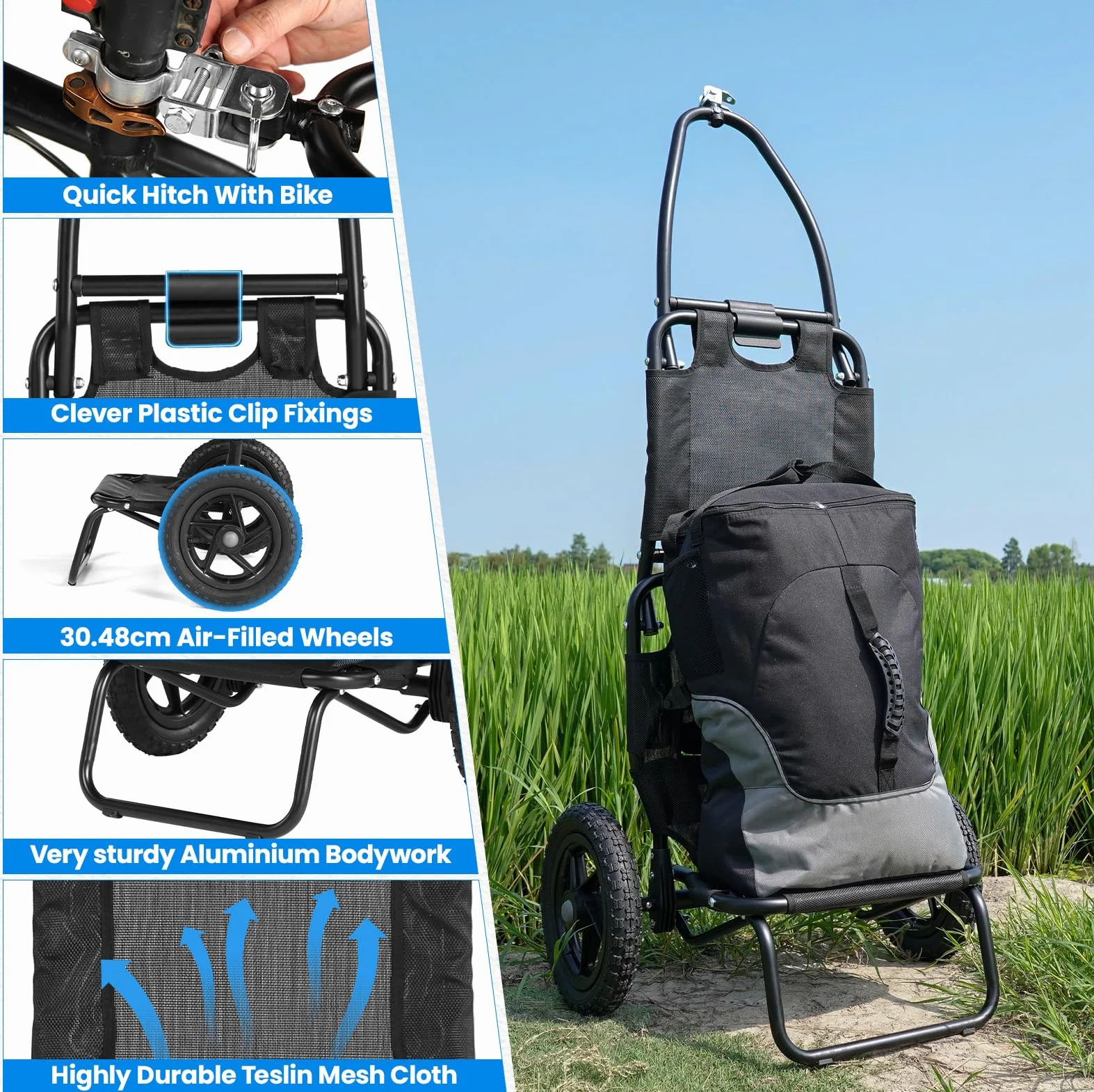 SEPNINE Remolque de Bicicleta, Carro de Mano, Remolque de Carga de Bicicleta, Marco de Acero de aleación, fácilmente Plegable con neumáticos neumáticos neumáticos de 30 cm, Peso de Carga 20 kg