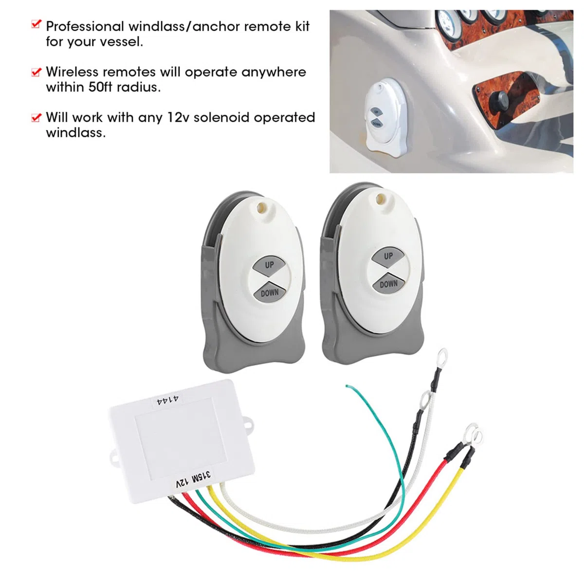 Kit de Control Remoto de Cabrestante Inalámbrico, KIMISS Anchor Control Remoto Molinete Interruptor Inalámbrico Controlador de Ajuste Marine Boat Sail Accesorio 2 Transmisor