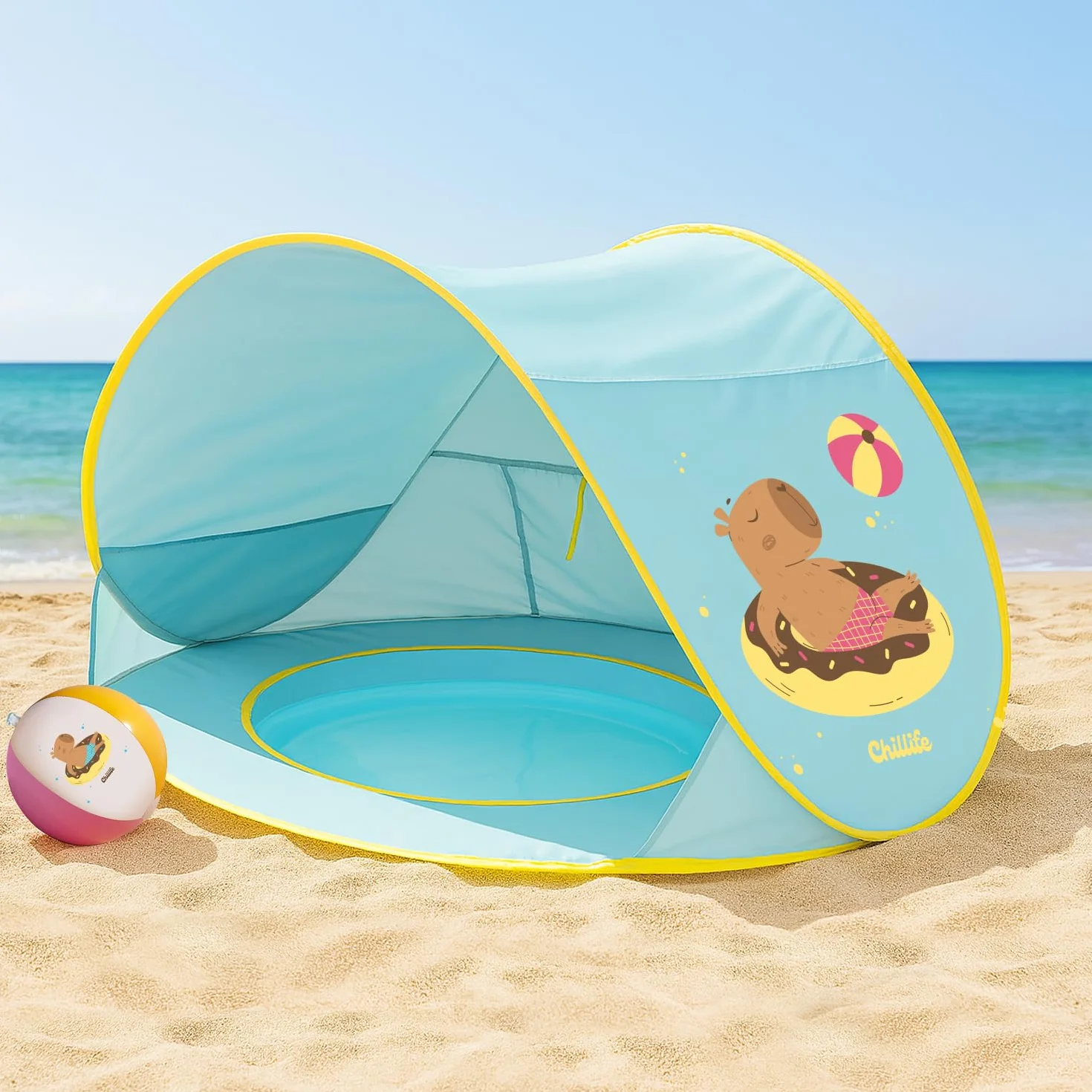 Chillife Tienda de Playa Pop Up para Bebés con Protección UV 50+ y Cortavientos, Diseño Globo Capybara