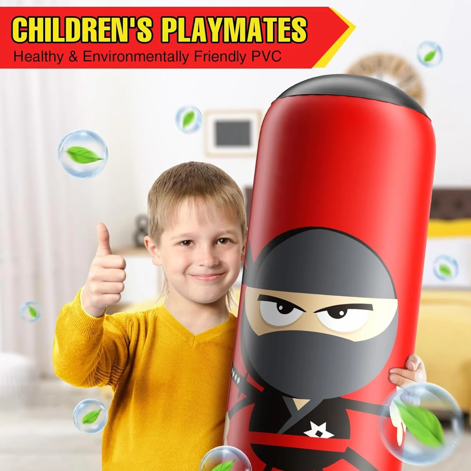 Saco de Boxeo Niños con Guantes de Boxeo 165cm Ninja Saco de Boxeo para Niños 3-12 Material Grueso Set de Boxeo para Juego Activo y Alivio del Estrés Regalo para Niños Niñas