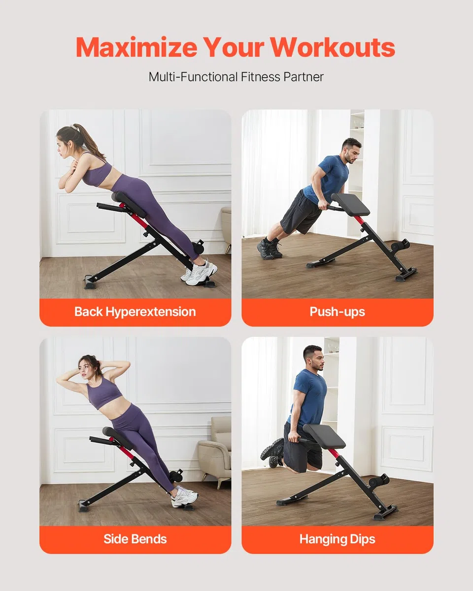 VEVOR Banco de Hiperextensión con Silla Romana, Máquina de Extensión Ajustable y Plegable de 113 kg, Equipo de Ejercicio Multifunción para Glúteos, Isquiotibiales, Espalda y Abdominales, Negro