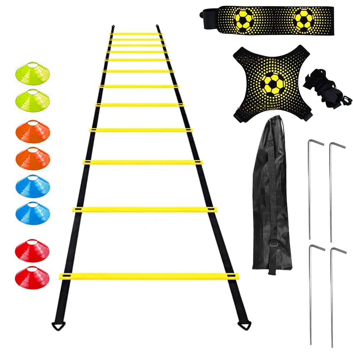 Escalera de Entrenamiento de Agilidad Futbol 6M, Accesorios de Entrenamiento de Fútbol para Velocidad y Agilidad con 10 Conos y 4 Postes, Coordinación Escalera de Entrenamiento para Niños y Adultos
