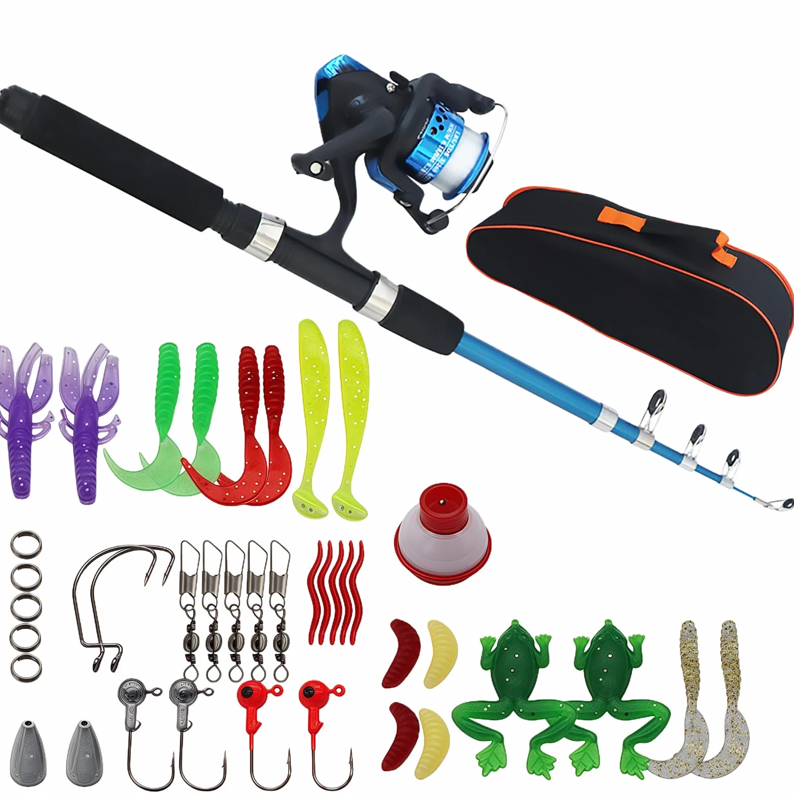 Juego de pesca completo para principiantes, para niños, 1,5 m, con carrete, caja de cebo azul, caña de pescar telescópica y bolsa de transporte, set de accesorios de pesca para principiantes