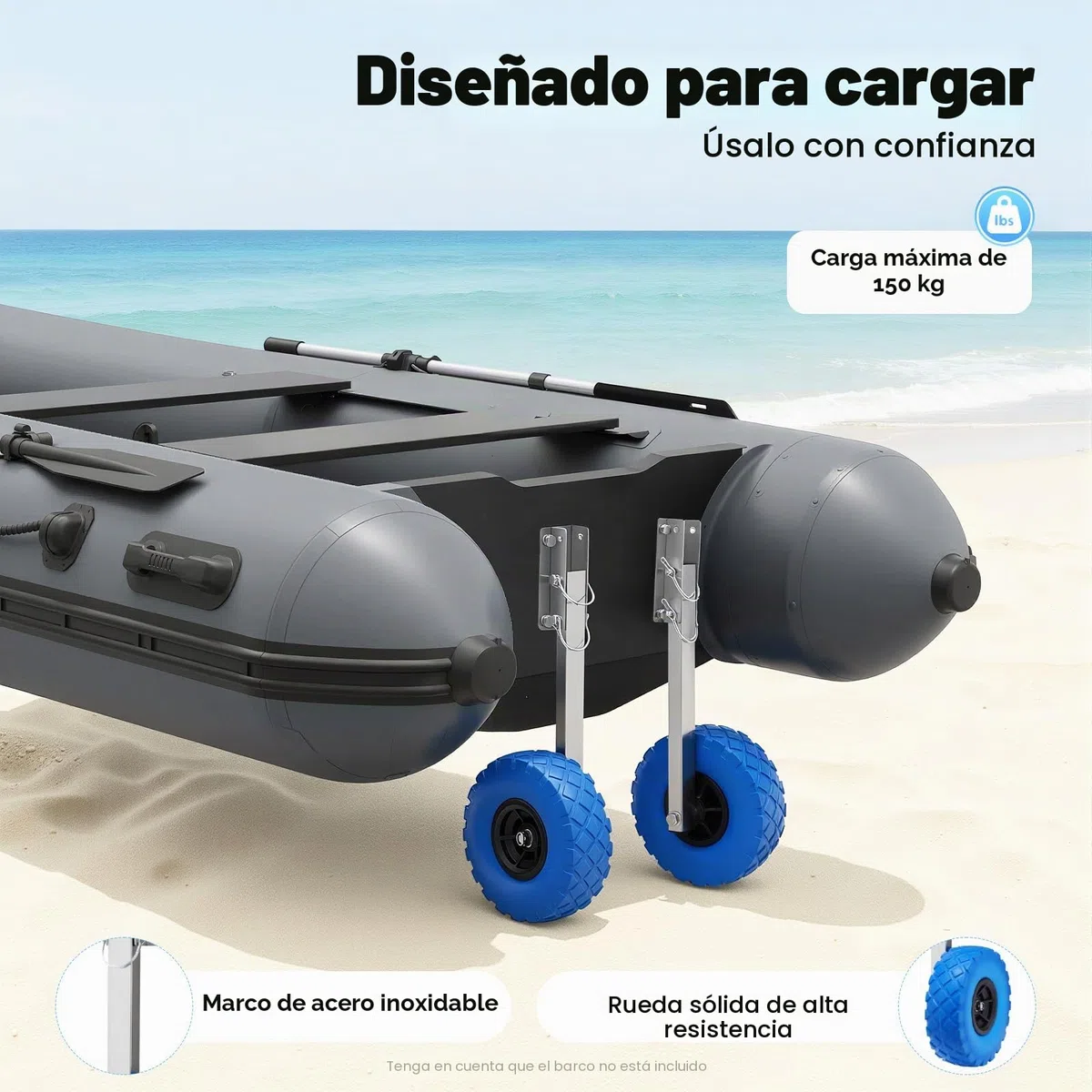 Ruedas traseras para botes inflables, ruedas de transporte de acero inoxidable para barco inflable, balsa tender (carga máxima: 150 kg)
