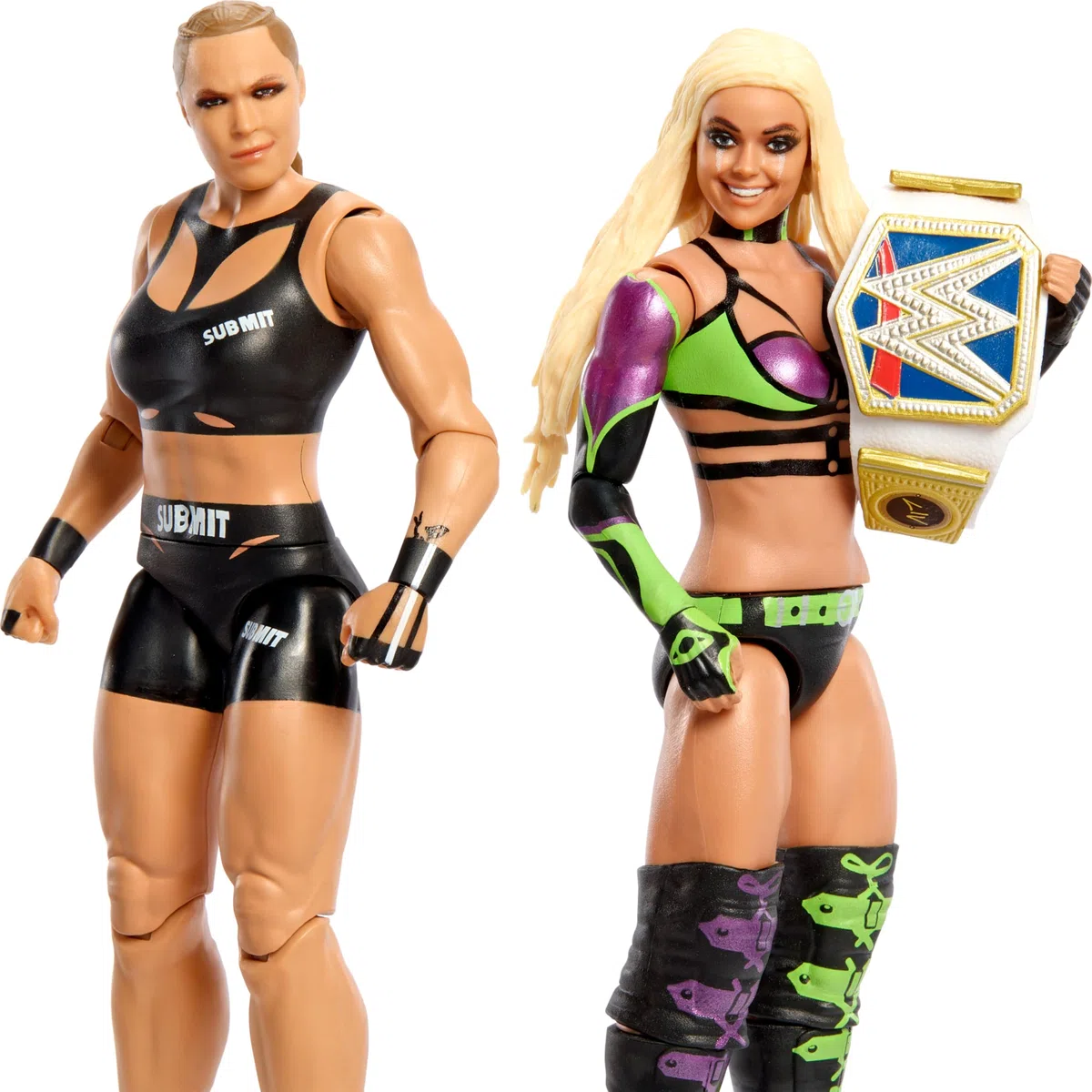 Mattel WWE Championship Showdown - Juego de 2 figuras de acción y accesorios, serie #16 Ronda ROusey vs Liv Morgan, 6 pulgadas