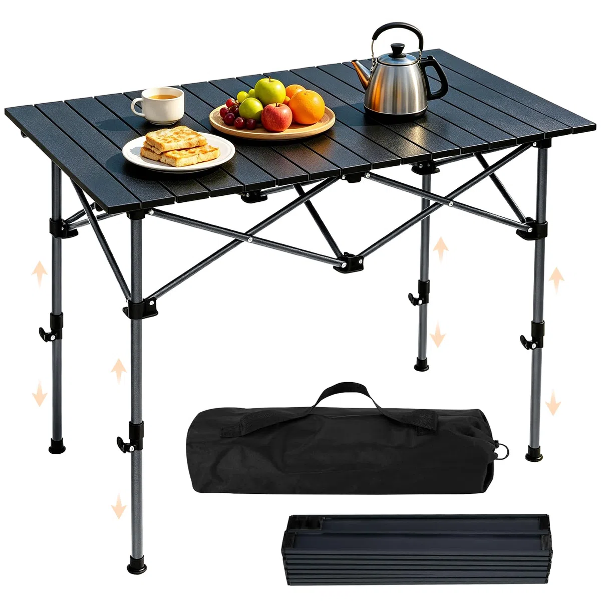 Mesa de Camping Plegable 95x55X (50-80) cm, Mesa Plegable 100KG Cargable Tablero Enrollable, Mesa Plegable Playa con Bolsa de Transporte para Acampar, Picnic, Barbacoa, Patio, Fiesta