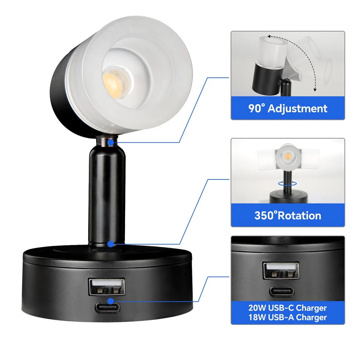 acegoo Luz de Lectura LED 12V Lámpara de Pared Regulable DC12-24V con Cargador USB para Barco Autocaravana Caravana Camper Cabina Camión Iluminación Interior, 3200K/Luz Nocturna Roja Negro