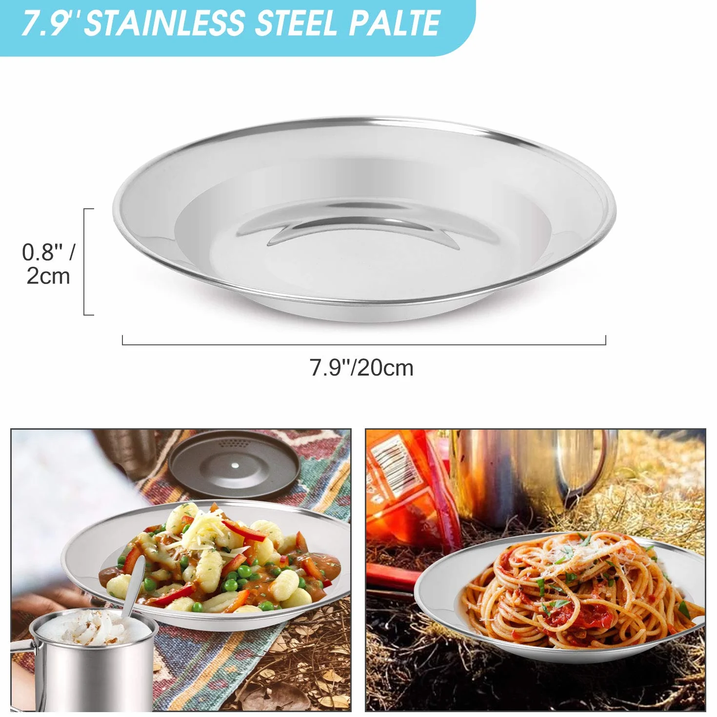 Odoland Vajilla de Acero Inoxidable para 1 Persona, 8-en-1, Cubiertos y Platos Kit de Picnic con Placa Tazon Tenedor Cuchara Cuchillo y Bolsa de Red, Camping Viajes