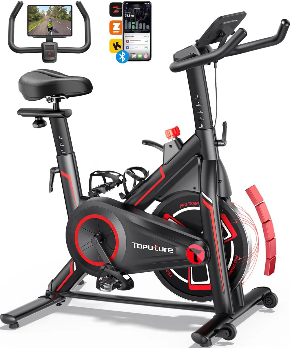 Toputure Bicicleta Estatica Magnética con APP, Bicicleta de Spinning Ultral Silenciosa con Volante 15KG, Asientos Cómodos y LCD Pantallas, Soporte para Tableta, Ejercicio en Casa, MAX150KG