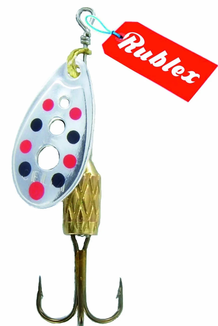 Cucharillas de Pesca C-Turbo-2 APRN Pack de 5, Cebo Artificial con Sistema de Clip y Acción de Giro Mejorado, 3.5g, Plata Puntos Rojos Negros