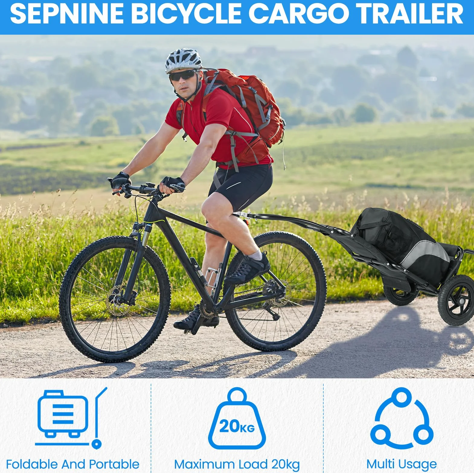SEPNINE Remolque de Bicicleta, Carro de Mano, Remolque de Carga de Bicicleta, Marco de Acero de aleación, fácilmente Plegable con neumáticos neumáticos neumáticos de 30 cm, Peso de Carga 20 kg