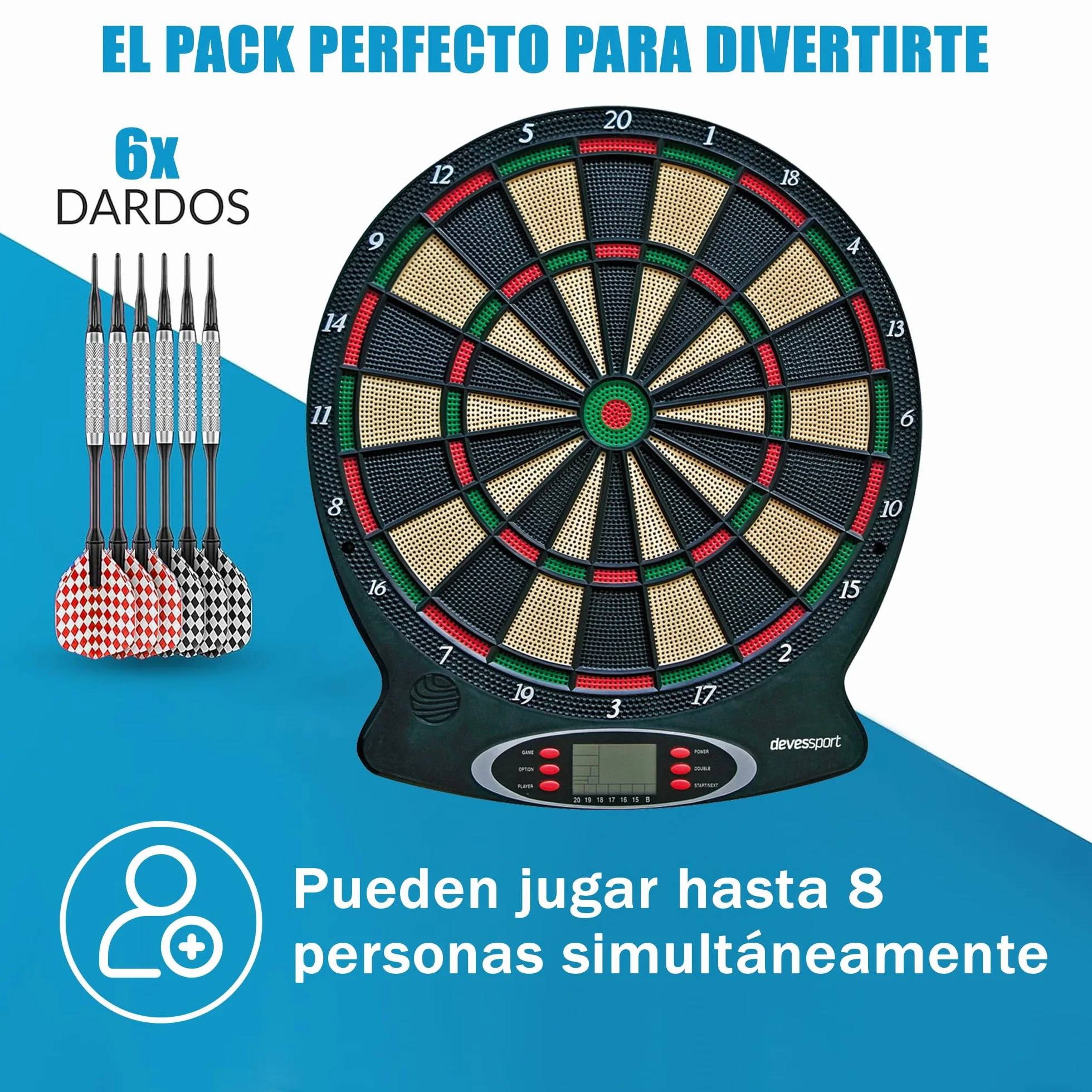Devessport Diana Electrónica Orion | con 18 Juegos y 159 Variaciones, Pantalla LCD y 6 Dardos de Punta Blanda | para 1 a 8 Jugadores | Ideal para Uso Familiar y Doméstico