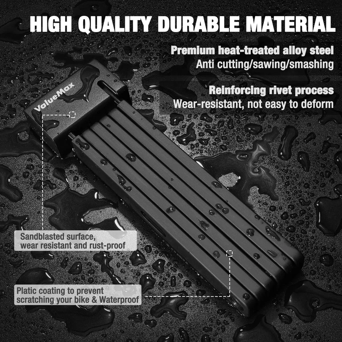 ValueMax Candado,Candado Plegable para Bicicleta, con Soporte, 1M Extendido, 22x7x2cm Plegado, Compacto Antirrobo Resistente Anti Corte y Práctico Negro