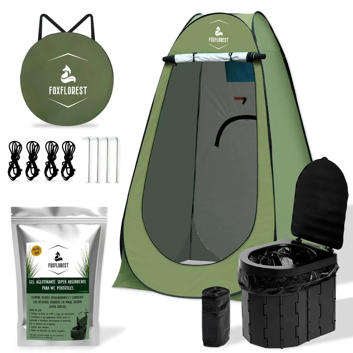 WC Portátil Kit para Adultos y niños. Incluye Tienda Ducha Camping/Cambiador, WC Portátil y Gel Aglutinante Super Absorbente para residuos. Ideal para Festivales.