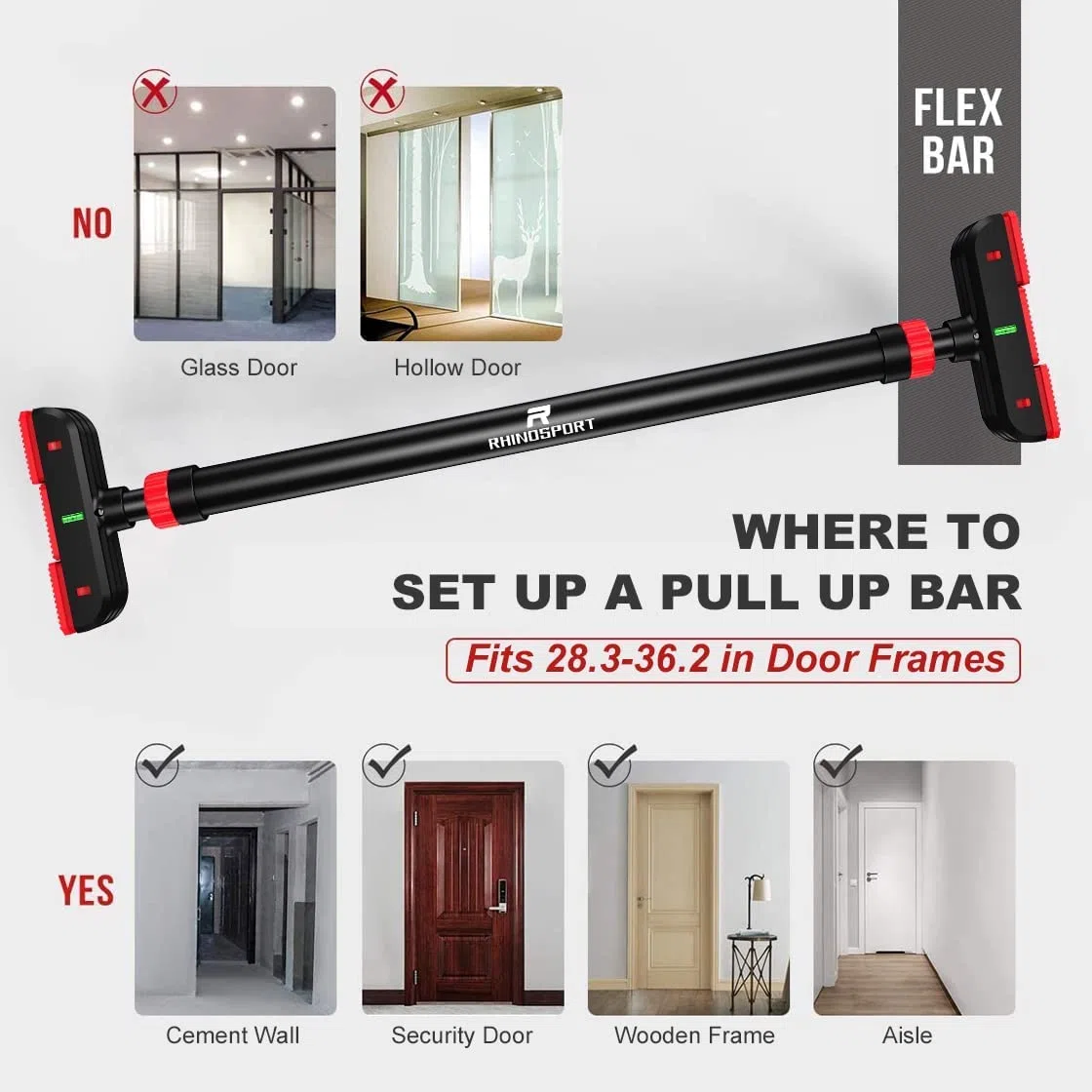 RHINOSPORT Barra de dominadas brazo y entrenador abdominal, acero estable, barra de puerta para dominadas, bastón de puerta para puertas de 69 a 92 cm (27,1 en 36,2 pulgadas), NO SCREW