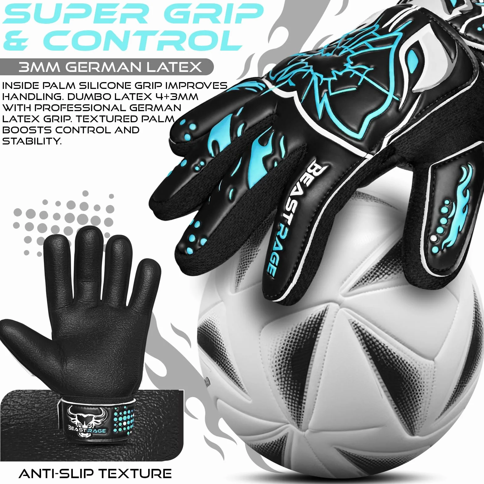 BEAST RAGE Guantes de Portero para niños-látex alemán Antideslizante Premium 3 mm + 4 mm Palma laminada,Retroceso Ligero 3+4 mm,Correa de muñeca Ajustable
