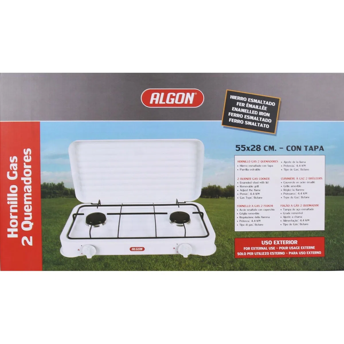 ALGON | Hornillo de Gas 2 Fuegos con Tapa – Hornillo Gas Cocina Portátil para Camping, Emergencias y Hogar