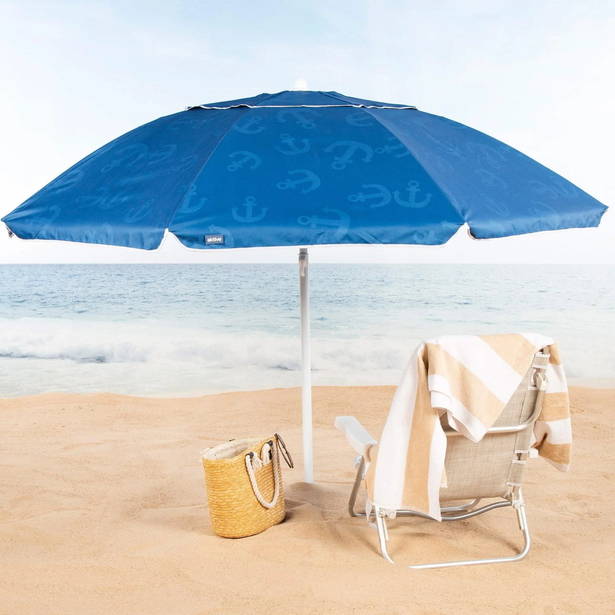 AKTIVE Sombrilla playa 220 cm azul estampado anclas mástil acero inclinable ventilación superior protección solar UV30 bolsa transporte