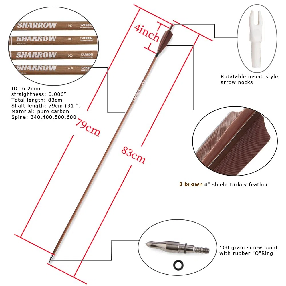 Flechas de Carbono Puro para Tiro con Arco, 32 ", Spine 340/400/500/600, Flechas de Caza para Arco Compuesto y recurvo